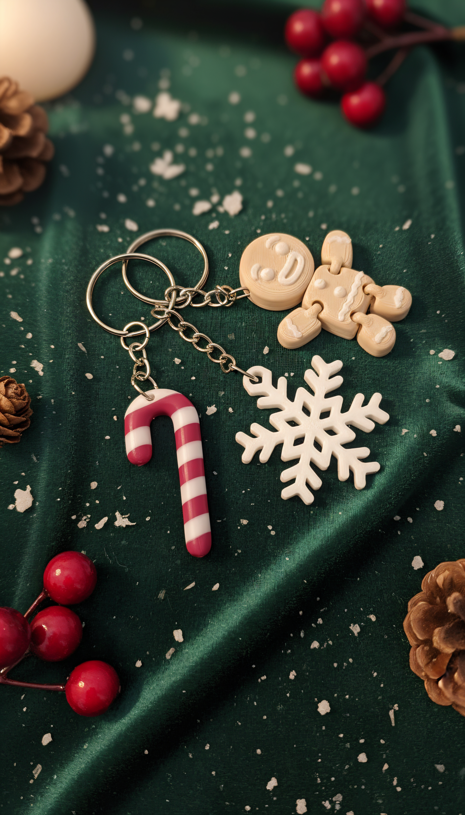 3’lü Yılbaşı Temalı Anahtarlık Seti – Hareketli Kurabiye Adam, Baston Şeker ve Kar Tanesi 🎄🎁🎅🏻