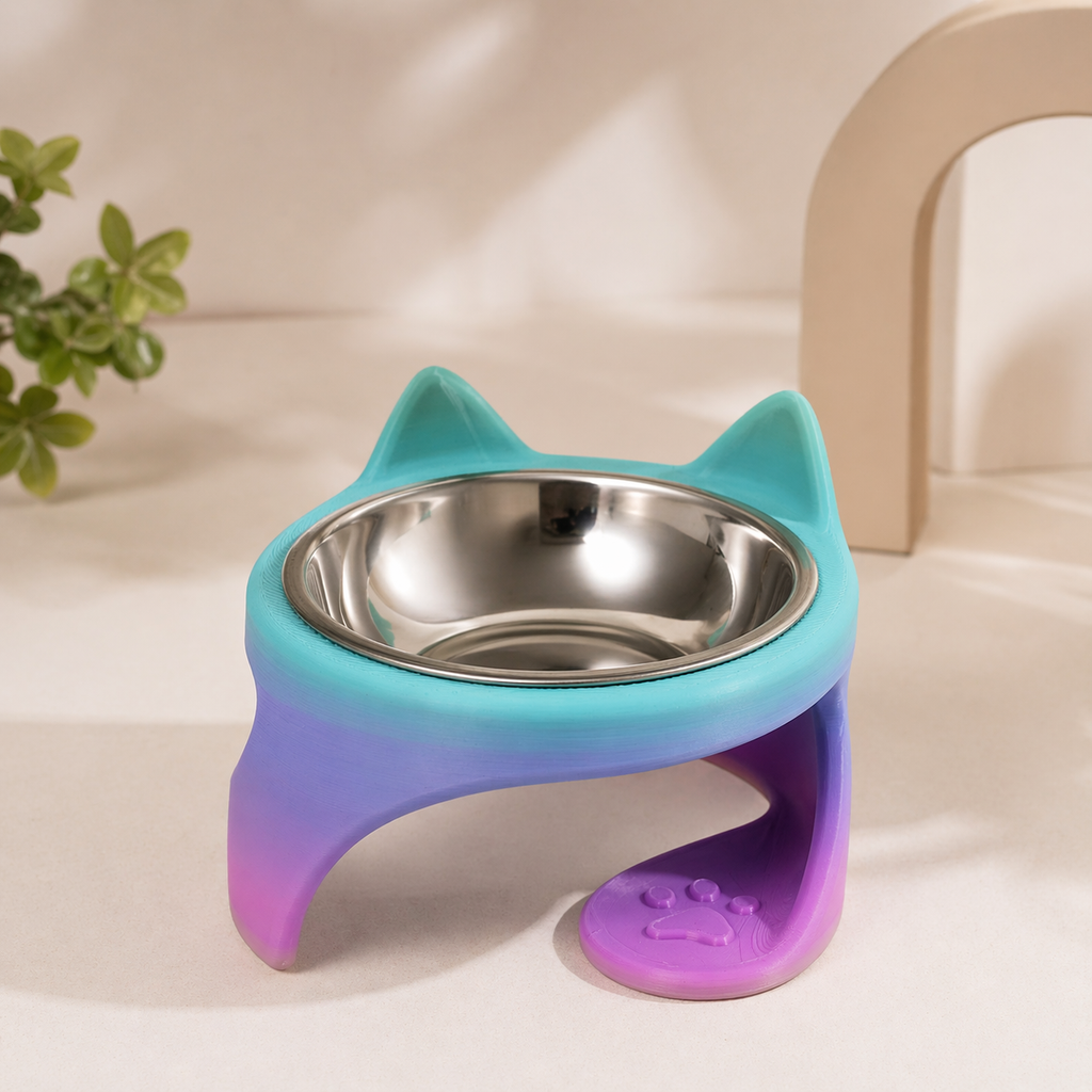 Mochi Kedi Kulaklı Yükseltilmiş Mama Kabı – Çıkarılabilir Paslanmaz Çelik Hazneli, Ergonomik Kedi & Küçük Irk Köpek Mama Kabı (Gradient Tasarım)