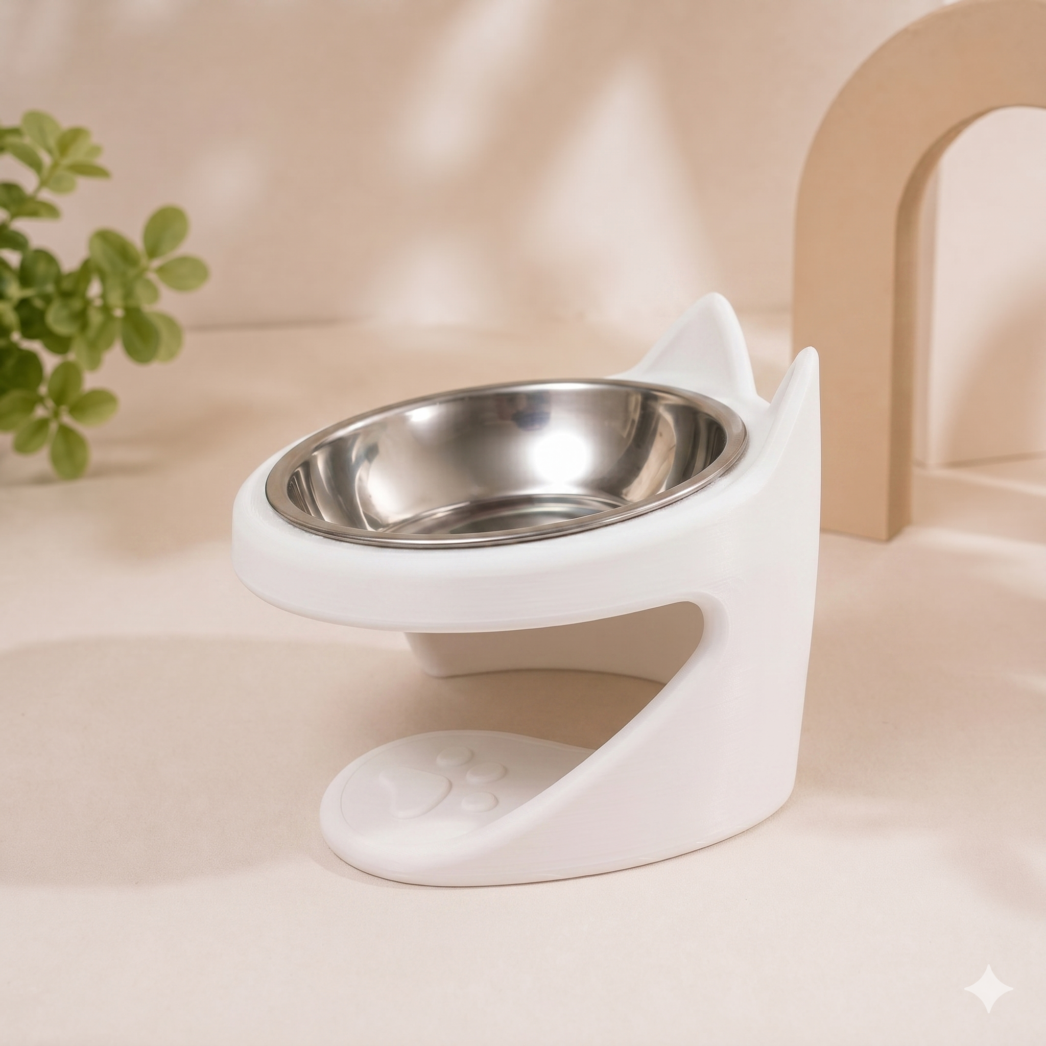 Mochi Kedi Kulaklı Yükseltilmiş Mama Kabı – Çıkarılabilir Paslanmaz Çelik Hazneli, Ergonomik Kedi & Küçük Irk Köpek Mama Kabı - Beyaz