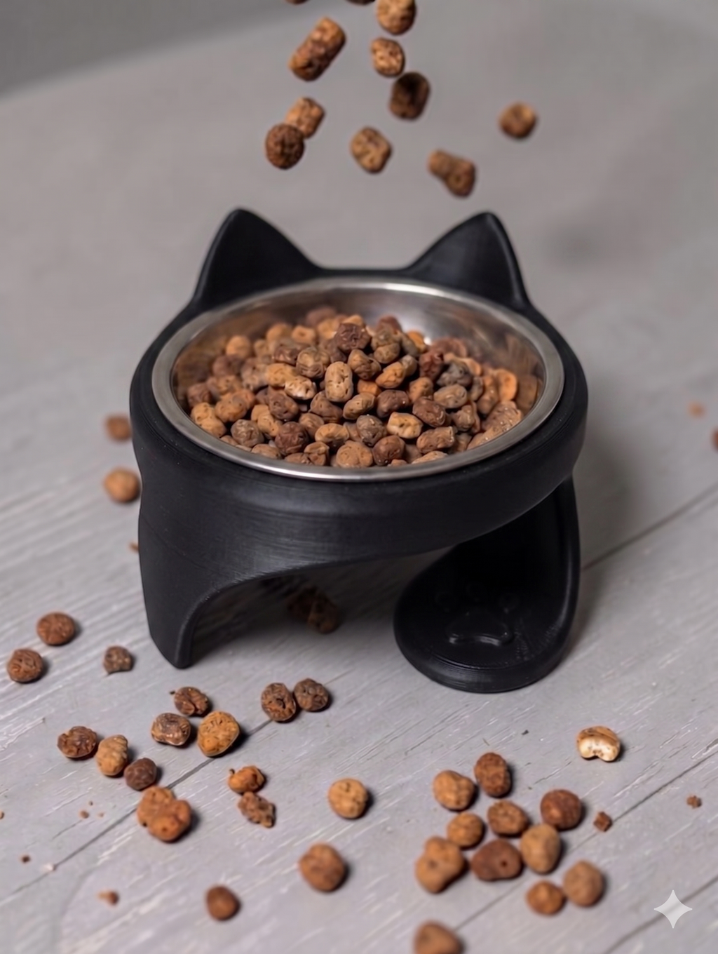 Mochi Kedi Kulaklı Yükseltilmiş Mama Kabı – Çıkarılabilir Paslanmaz Çelik Hazneli, Ergonomik Kedi & Küçük Irk Köpek Mama Kabı - Siyah