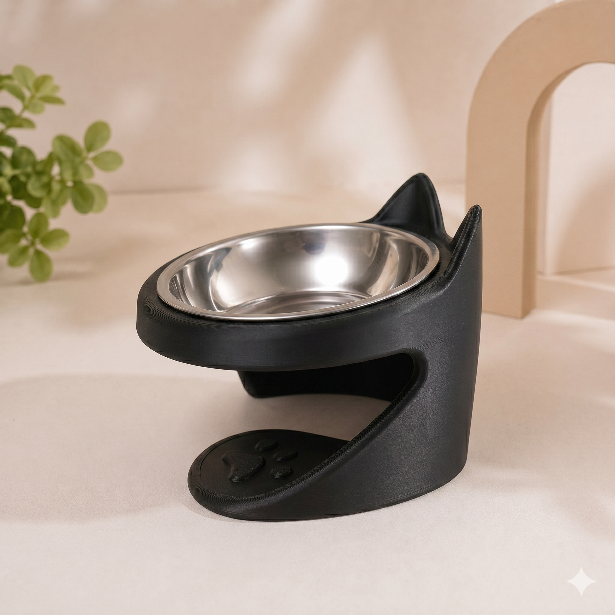 Mochi Kedi Kulaklı Yükseltilmiş Mama Kabı – Çıkarılabilir Paslanmaz Çelik Hazneli, Ergonomik Kedi & Küçük Irk Köpek Mama Kabı - Siyah