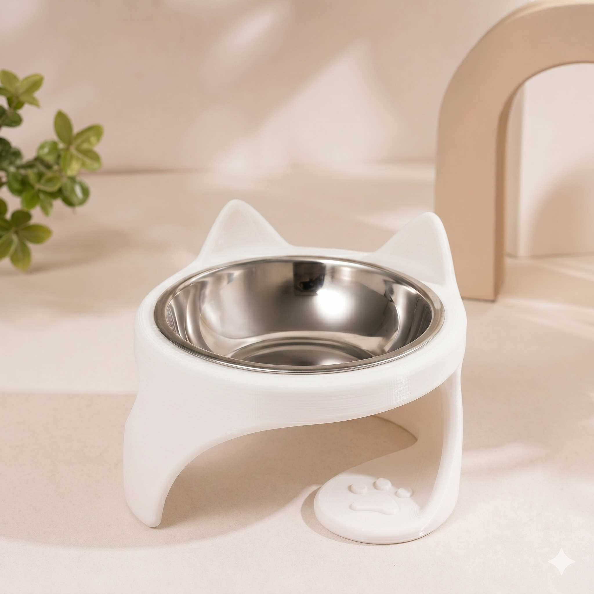 Mochi Kedi Kulaklı Yükseltilmiş Mama Kabı – Çıkarılabilir Paslanmaz Çelik Hazneli, Ergonomik Kedi & Küçük Irk Köpek Mama Kabı - Beyaz
