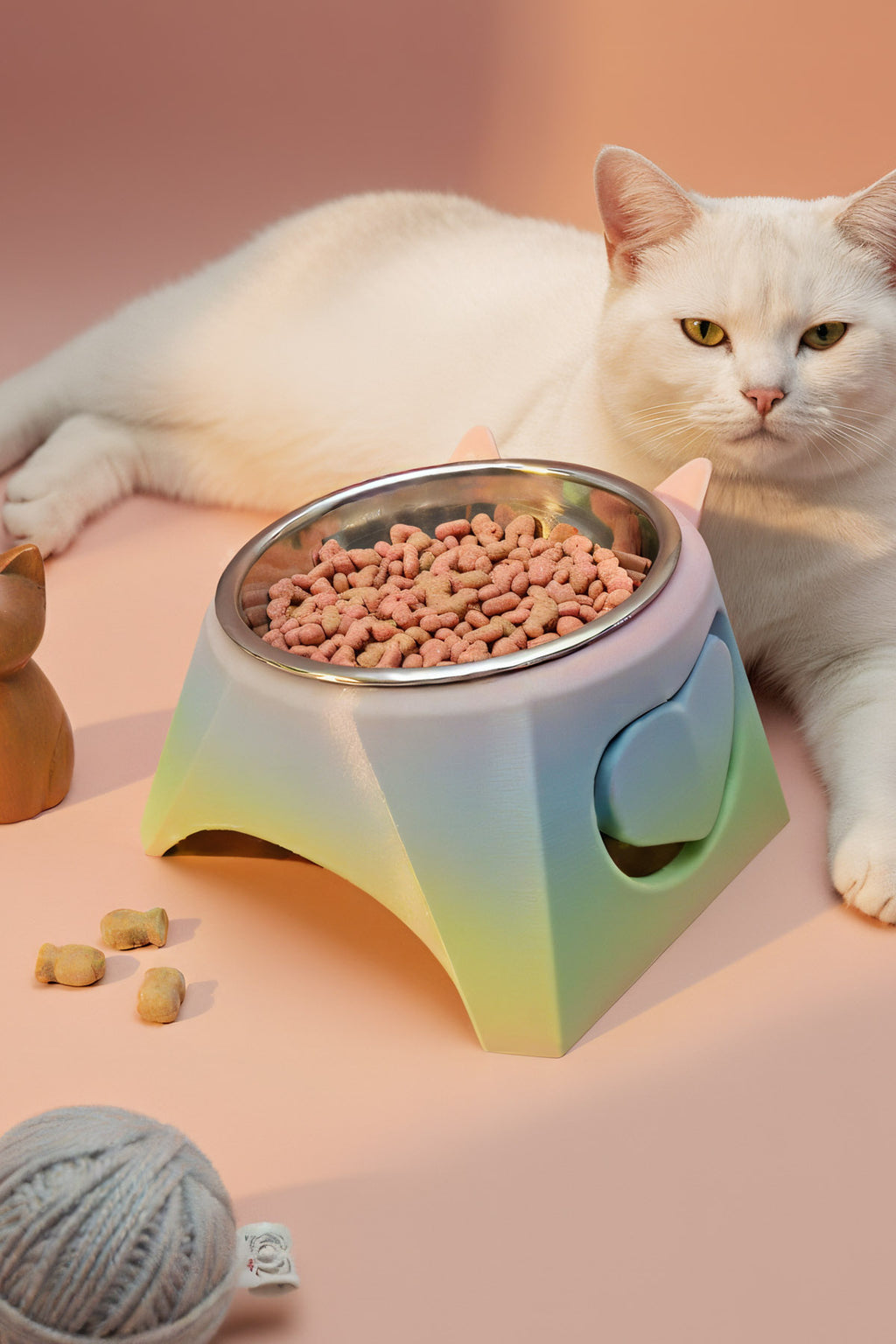 Luci Yüksek Ayaklı Kedi Mama Kabı - Boyun Koruyucu Eğik Tasarım - Anti-Stres Metal Kase Rainbow