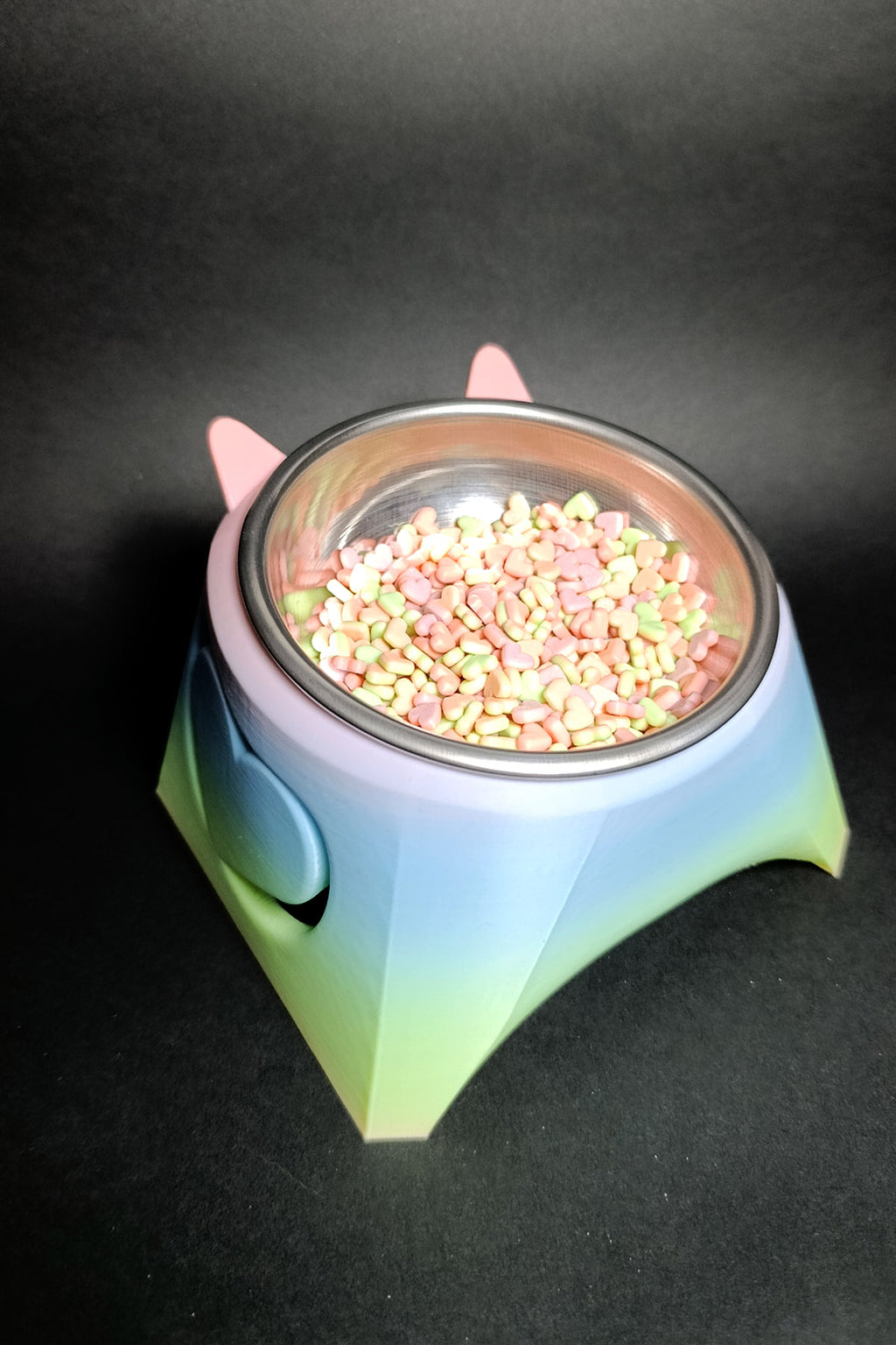 Luci Yüksek Ayaklı Kedi Mama Kabı - Boyun Koruyucu Eğik Tasarım - Anti-Stres Metal Kase Rainbow