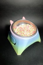 Luci Yüksek Ayaklı Kedi Mama Kabı - Boyun Koruyucu Eğik Tasarım - Anti-Stres Metal Kase Rainbow