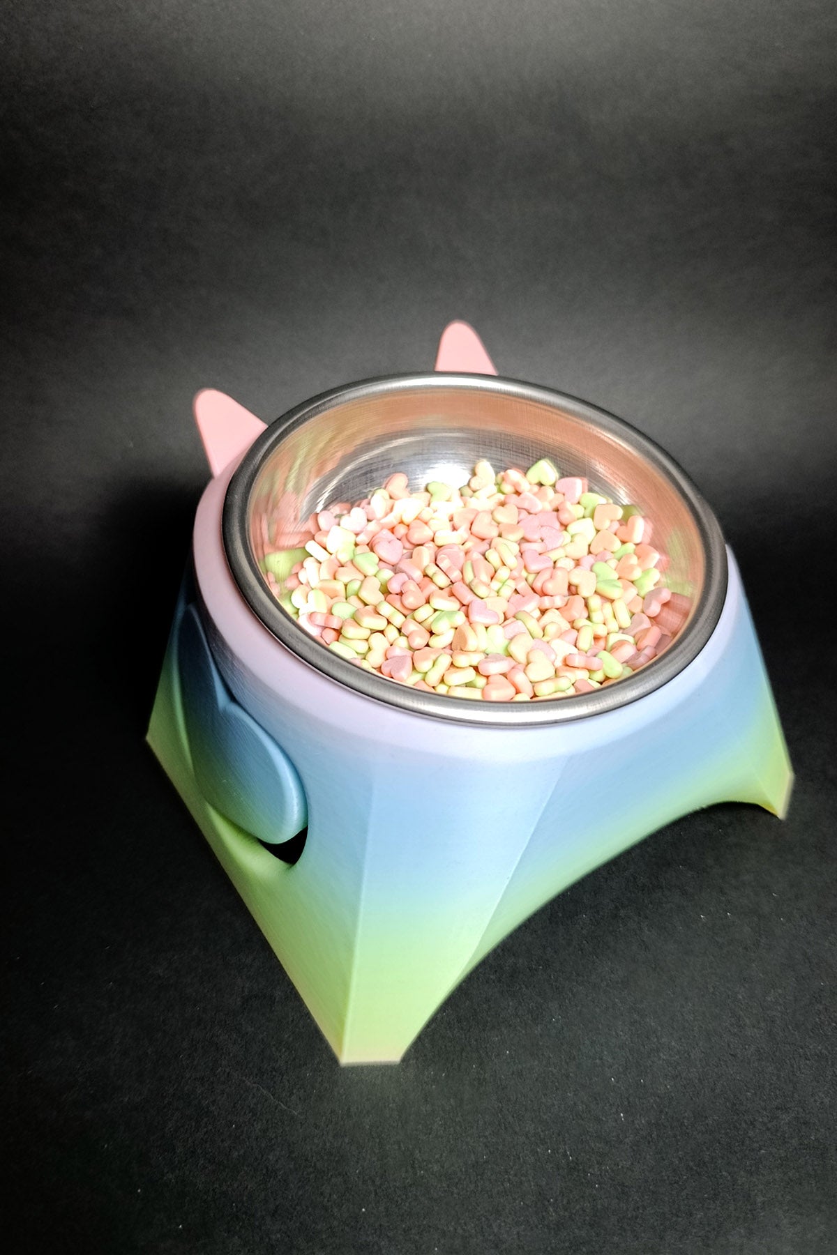 Luci Yüksek Ayaklı Kedi Mama Kabı - Boyun Koruyucu Eğik Tasarım - Anti-Stres Metal Kase Rainbow