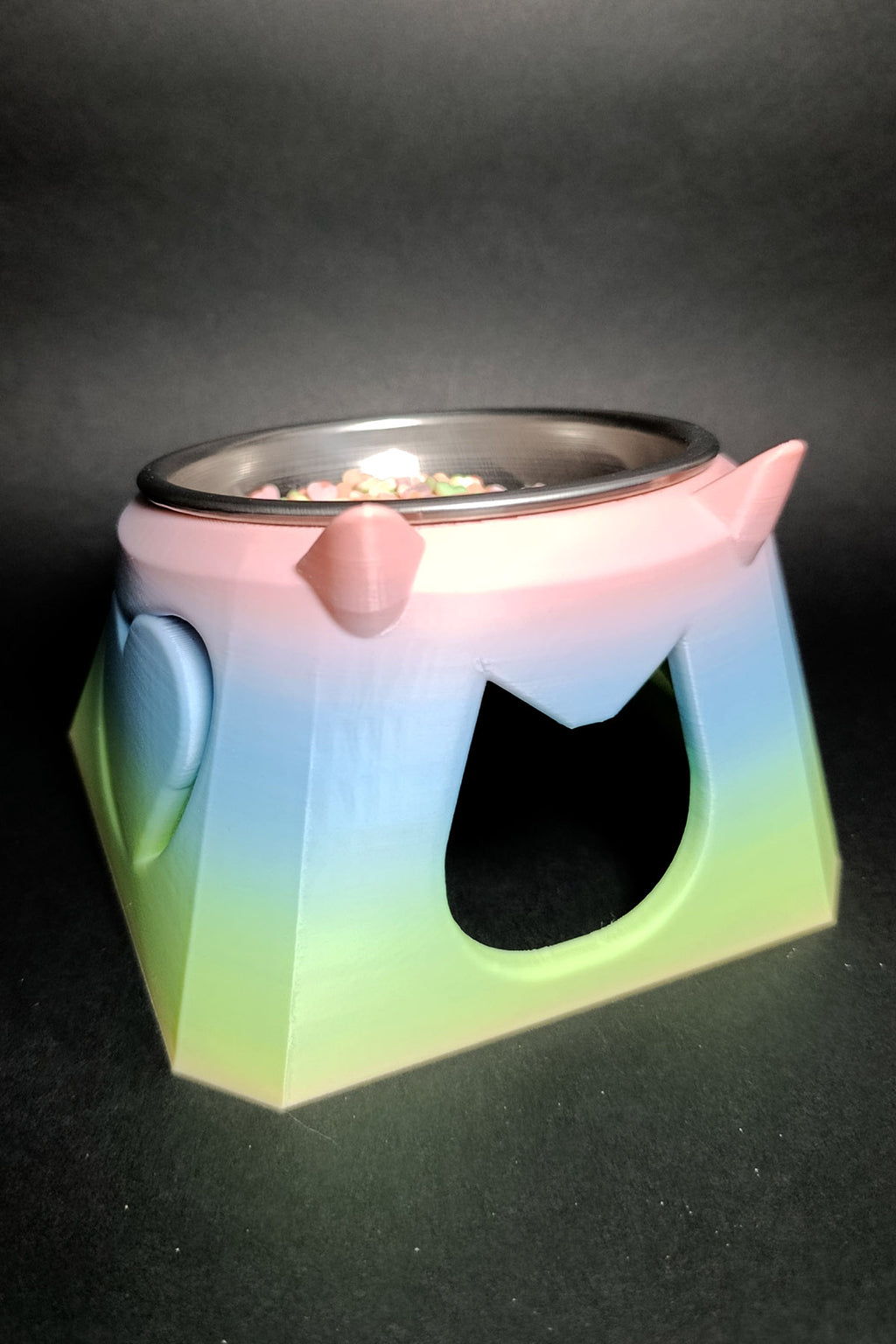 Luci Yüksek Ayaklı Kedi Mama Kabı - Boyun Koruyucu Eğik Tasarım - Anti-Stres Metal Kase Rainbow