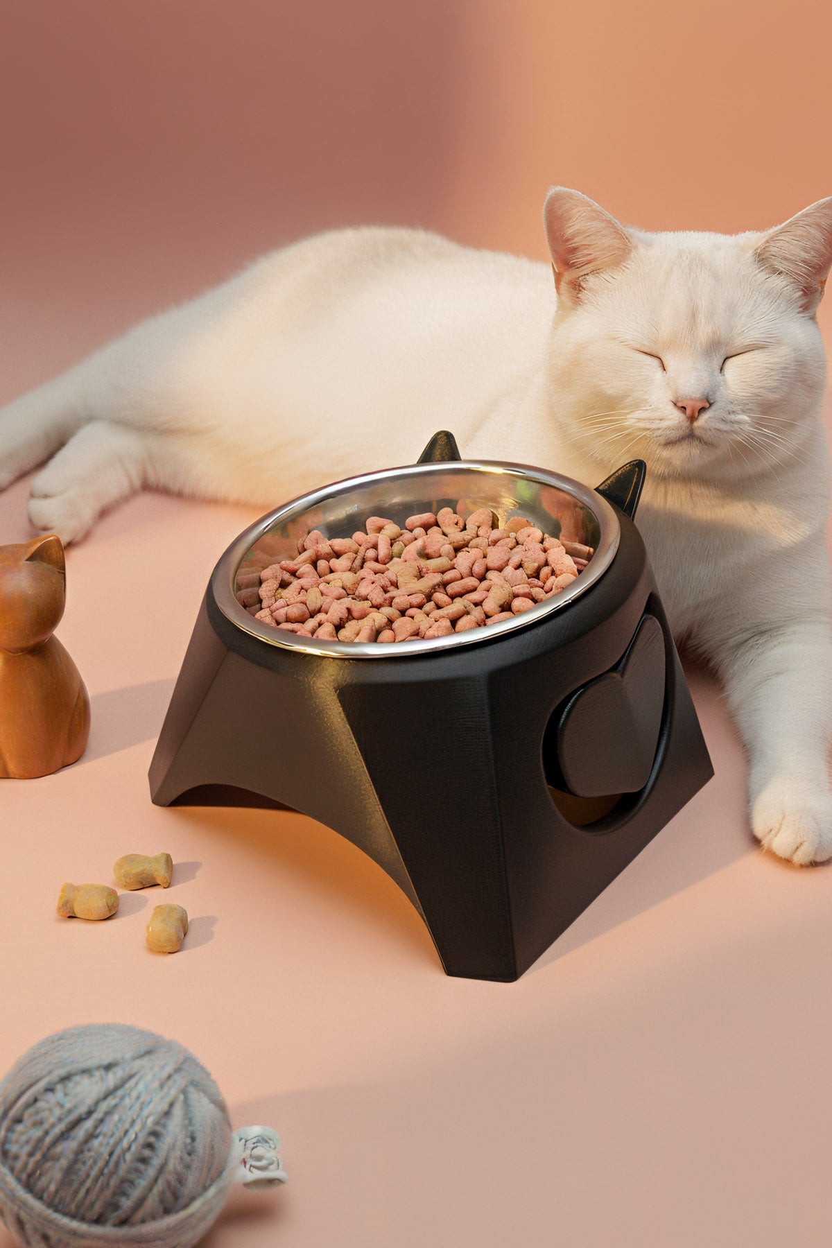 Luci Yüksek Ayaklı Kedi Mama Kabı - Boyun Koruyucu Eğik Tasarım - Anti-Stres Metal Kase Siyah