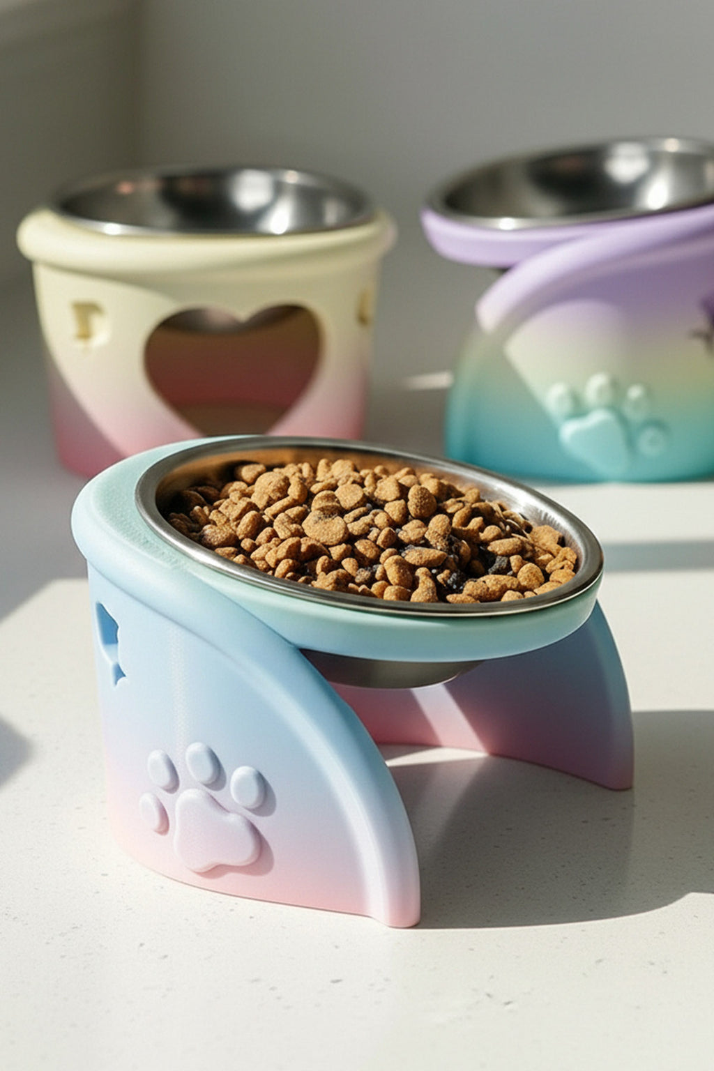 Pixi Kedi Mama Kabı Standı – %13 Eğimli Ergonomik Tasarım, PETG Gövde + Paslanmaz Çelik Kase
