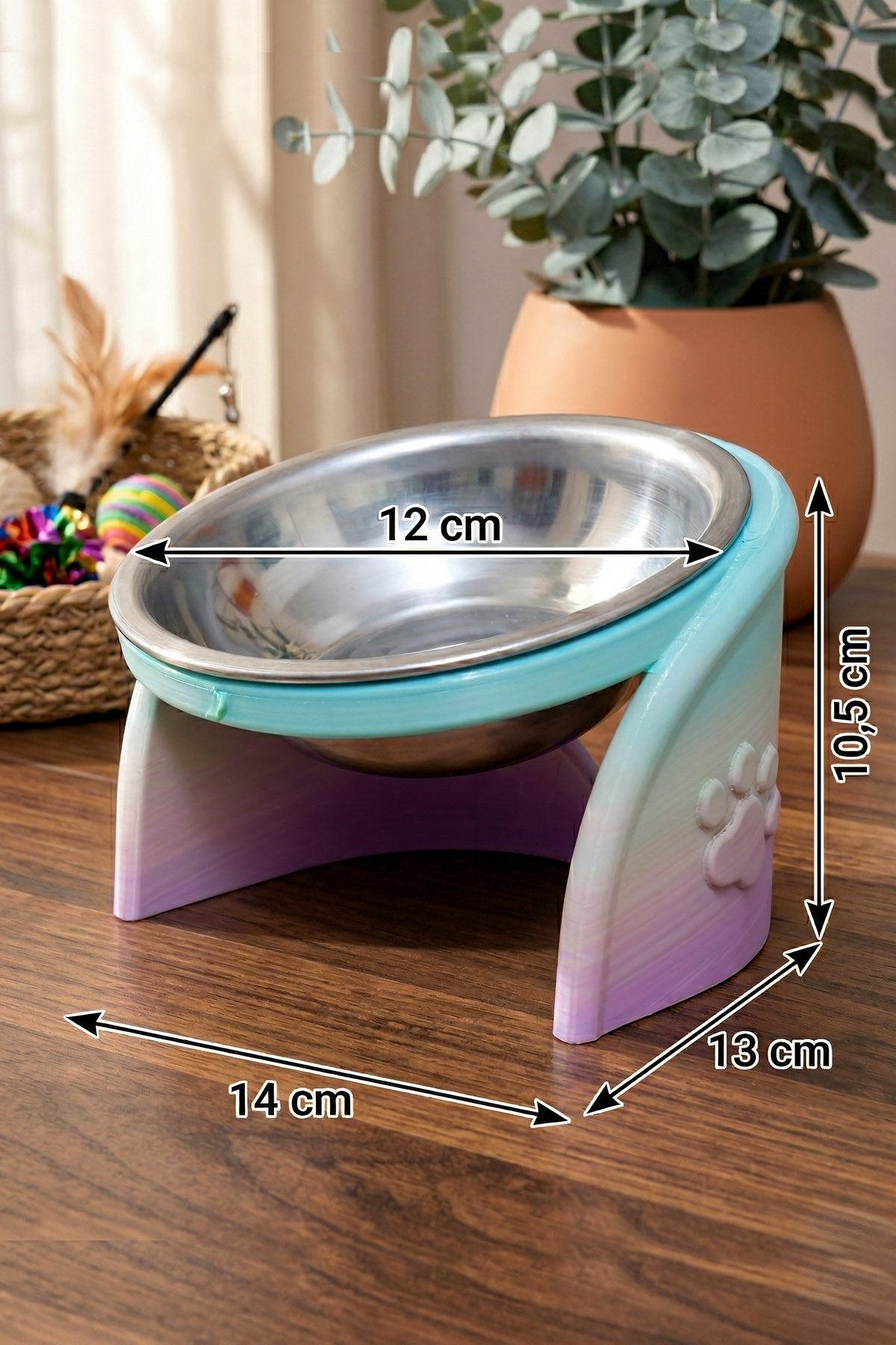 Pixi Kedi Mama Kabı Standı – %13 Eğimli Ergonomik Tasarım, PETG Gövde + Paslanmaz Çelik Kase